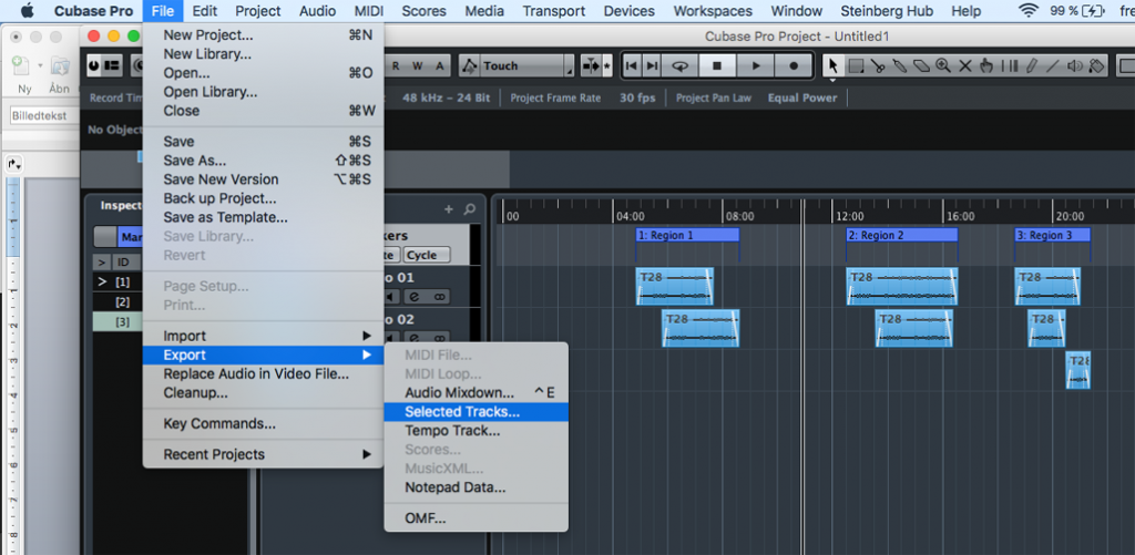 Exporting a track file in Cubase. Here it is done on the basis of a marker track.