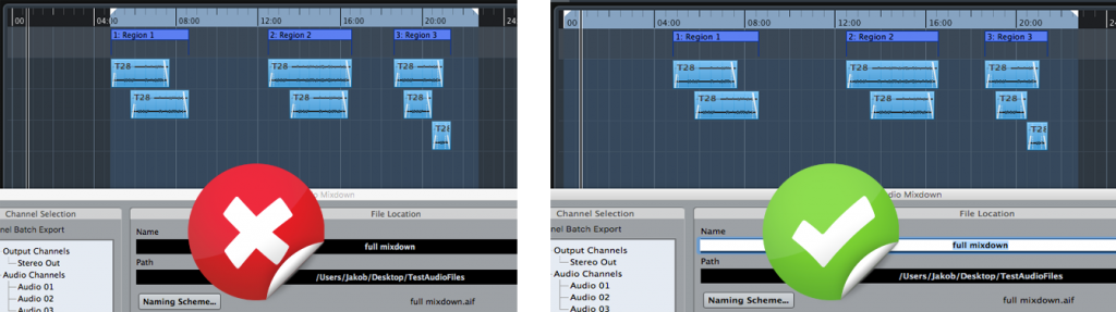 The audio mix-down shown on the left will not work with this tool since it is not exported from the start of the project. The one on the right is the right way :-) The length of the mix-down doesn’t matter as long as it contains all desired regions.